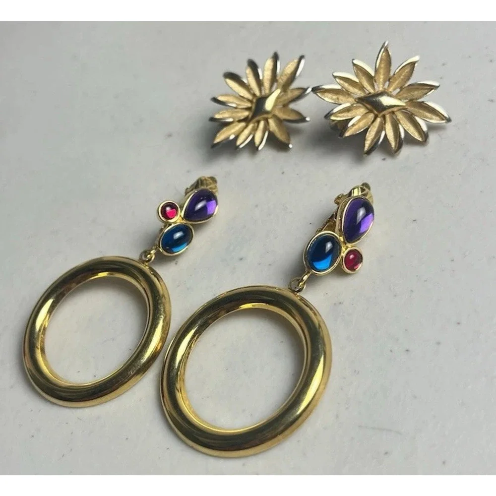 Trifari Clip On Earrings Lot Jelly Cabochon Door Knockers Starburst Gold Tone